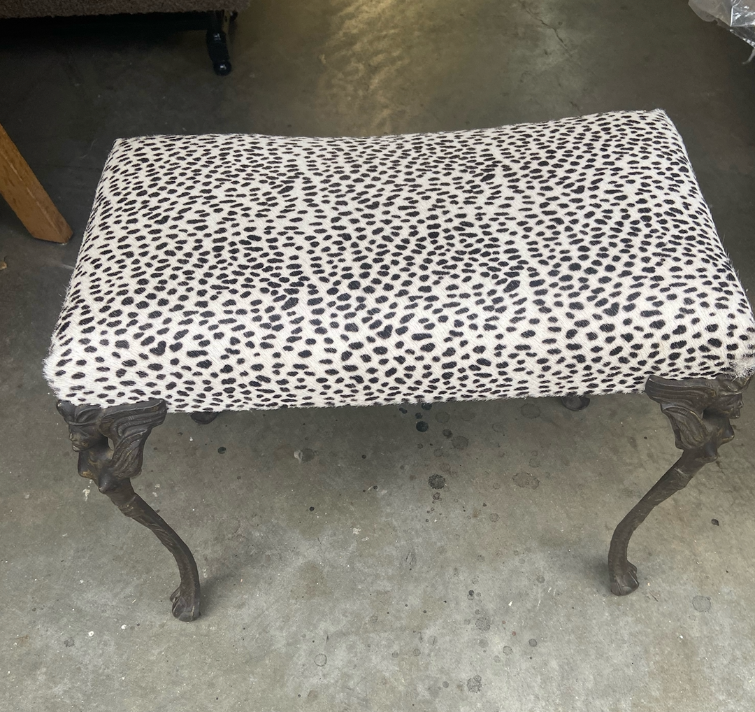 Art Nouveau Cast Iron Vanity Bench w/ Newly Upholstered Seat in a Cheetah Printed Hide