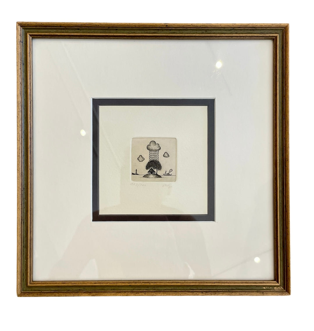 Tiny Vintage Etching of Rain Cloud by German Artist Volker Kuhn