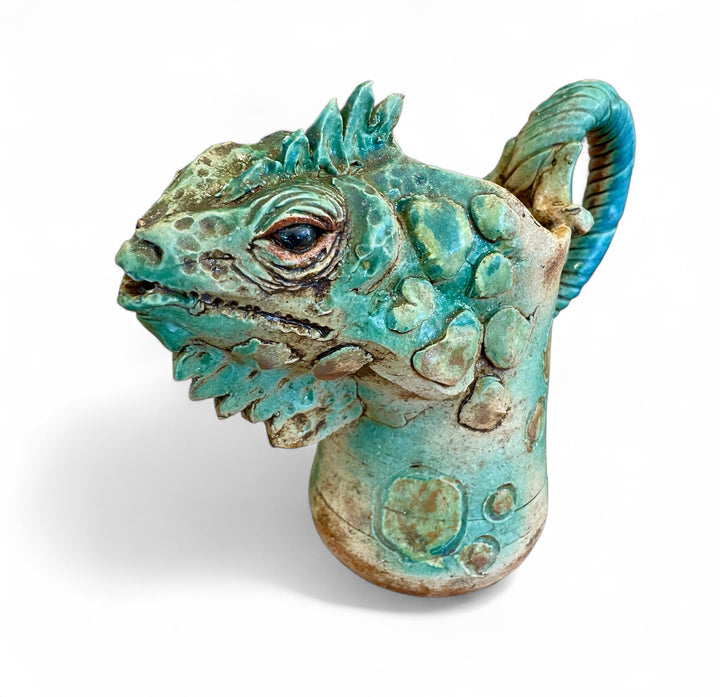 Vintage Hand Crafted Ceramic Pitcher of an Iguana Head