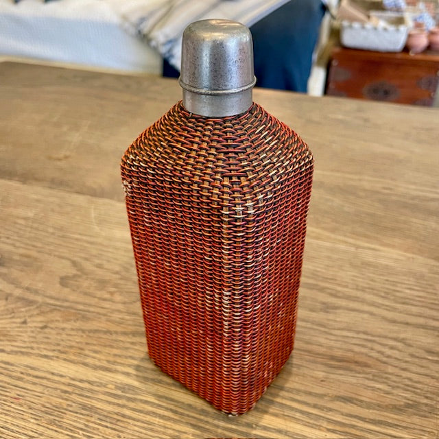 Antique Glass Bottle with Wrapped Woven Sheath and Metal Cap