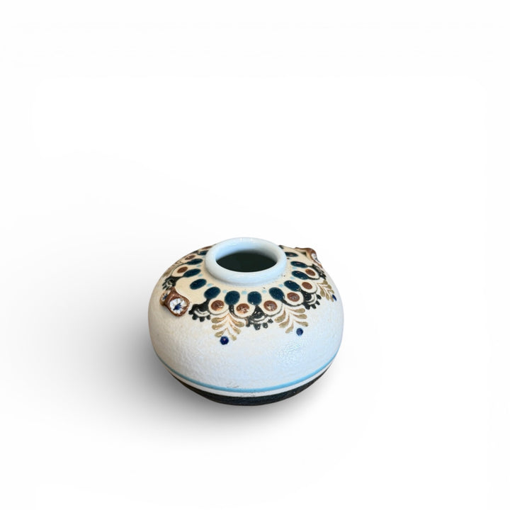 Vintage Hand-Painted Ceramic Vase w/ Teal, Cream + Brown | S