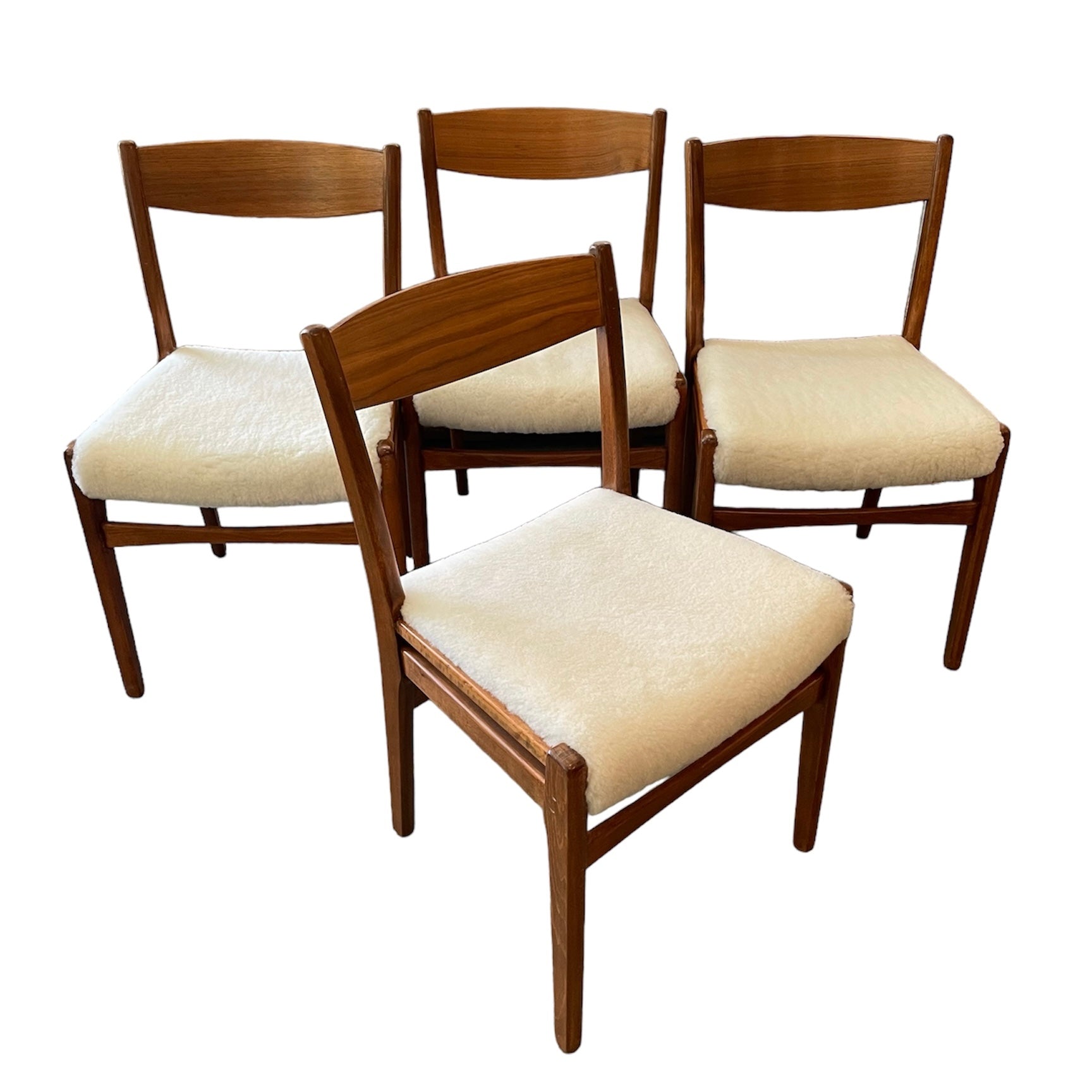 Mid Century Teak Dining Chairs Newly Upholstered in Shearling Set o Maude Woods
