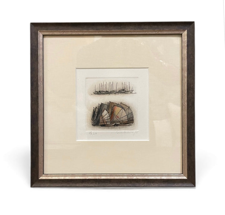 Hand Colored Etching of Junks in the Harbor by Law Wai Hin, Newly Framed | C