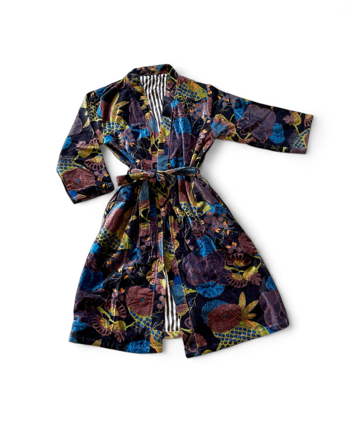 Custom Hand Printed Cotton Velvet Robe | Muted Black II