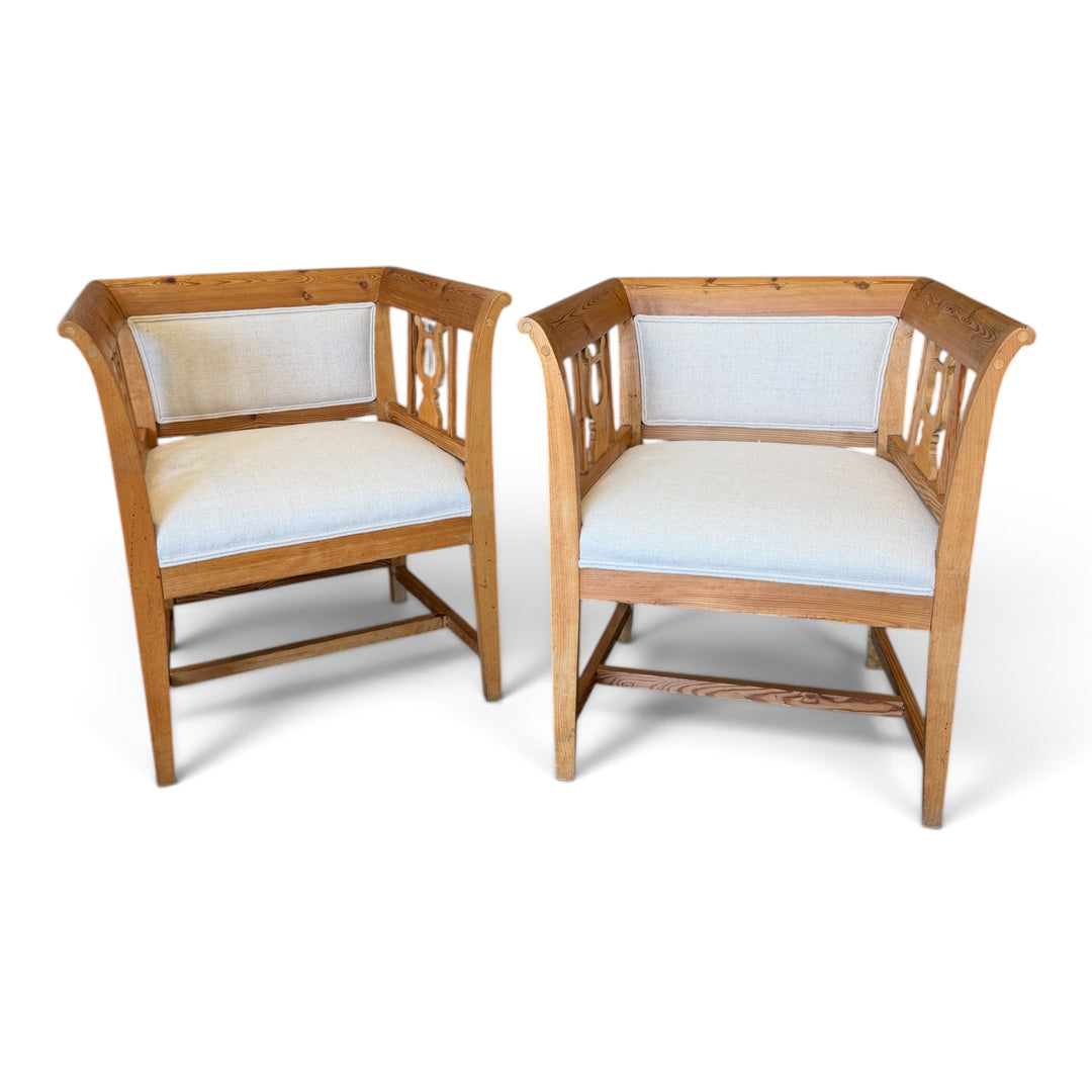 Vintage Pine Biedermeier Style Arm Chairs| Pair