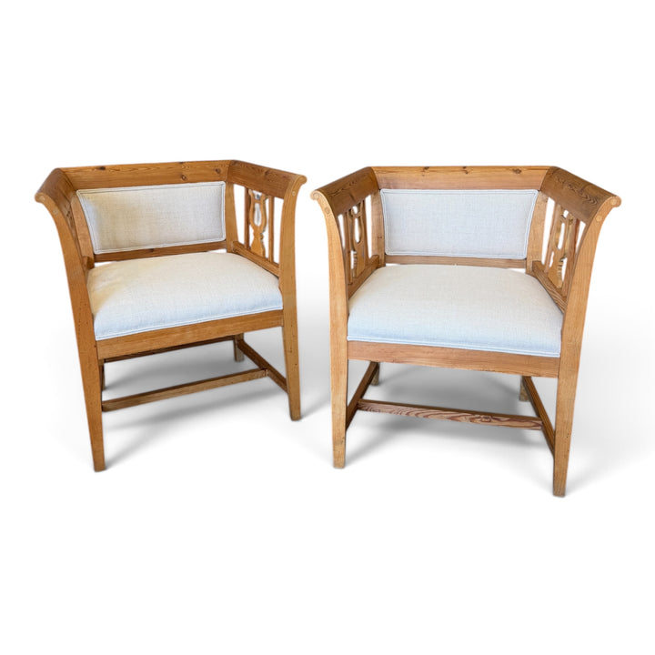 Vintage Pine Biedermeier Style Arm Chairs| Pair
