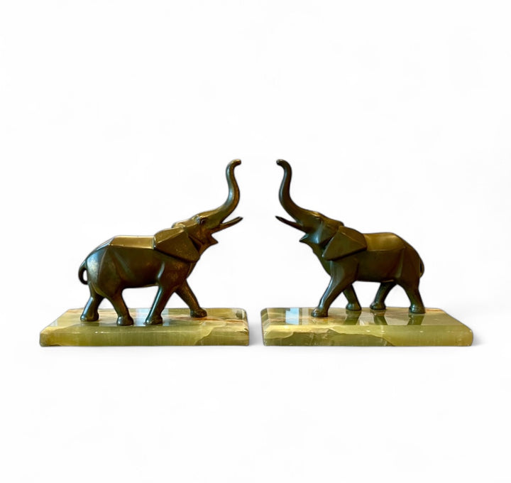 Vintage Art Deco Bookends, Brass Elephants on Green Onyx Bases | Pair