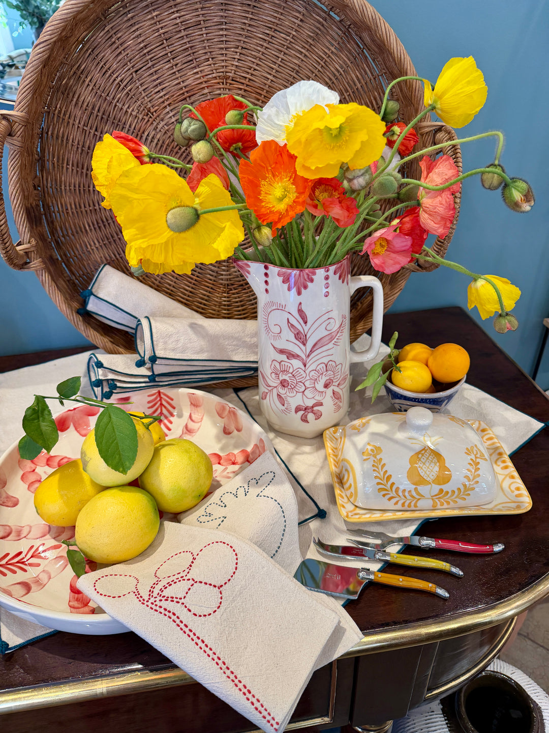 Hand-Painted Stoneware Butter Dish w/ Botanical Design