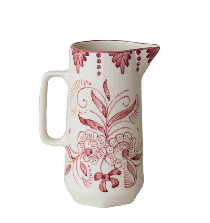 60 oz. Hand-Painted Stoneware Pitcher w/ Botanical Design