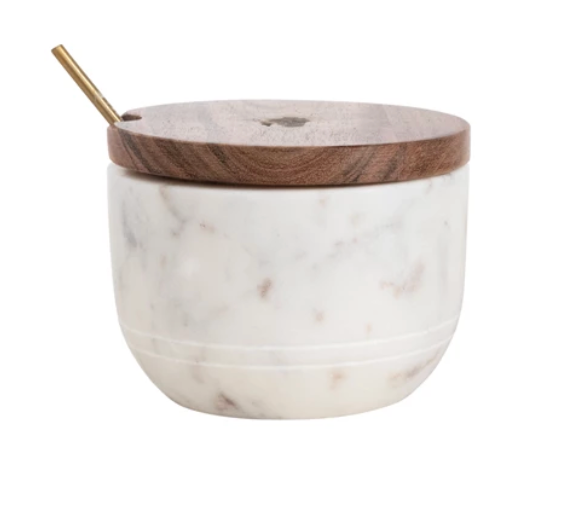 Marble Bowl with Acacia Wood Lid and Brass Spoon