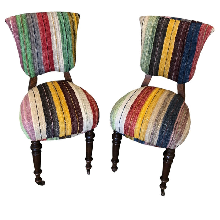 Vintage Side Chairs Newly Upholstered in Wool Stripe Rug | Pair