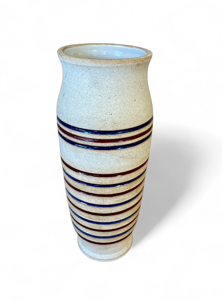Vintage Tall Cylindrical Stoneware Vase w/ Blue + Brown Incised  Glazed Bands