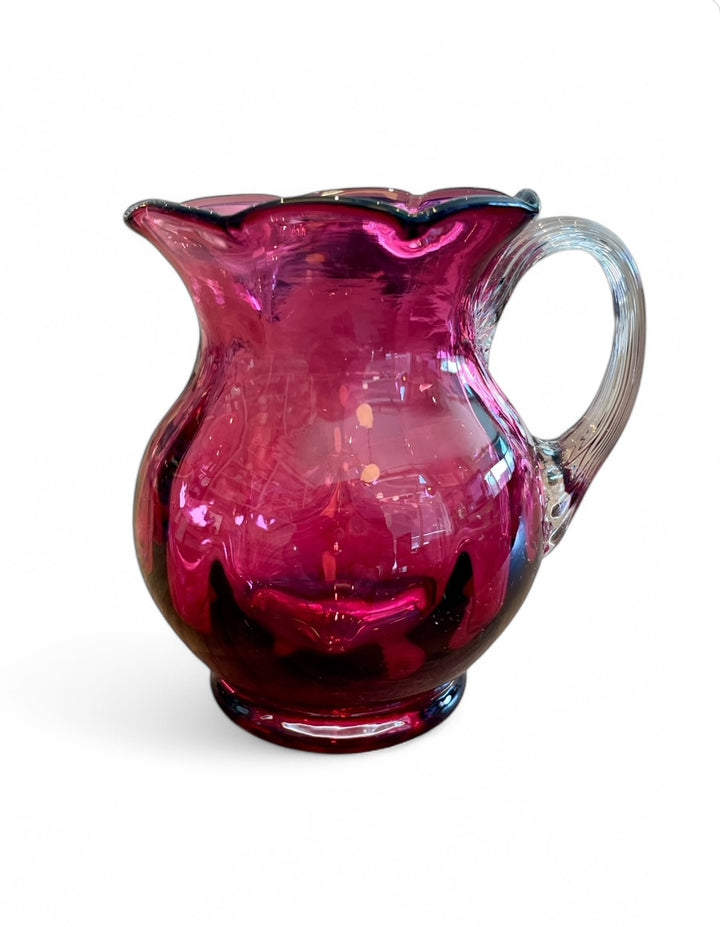 Vintage Hand Blown Ruby Pink Glass Pitcher w/ Clear Handle