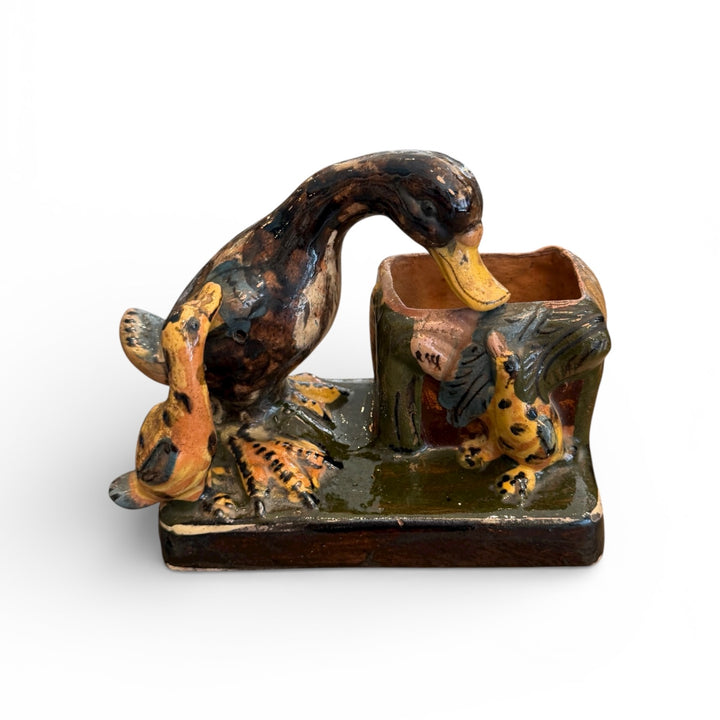 Vintage Mexican Folk Art Pottery Duck + Ducklings Vase