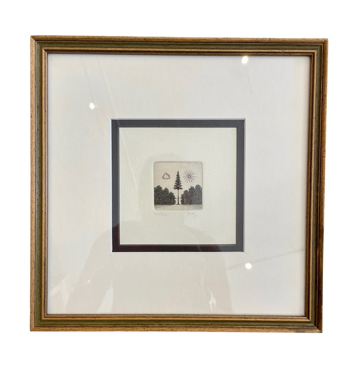 Tiny Vintage Etching of Sunshine by German Artist Volker Kuhn