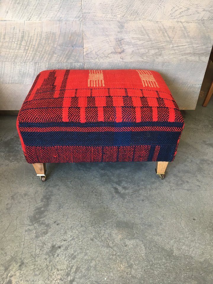 Vintage Ottoman with Wood Legs and Brass Casters, Newly Upholstered