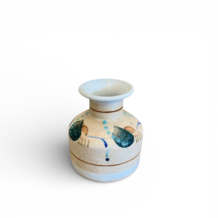 Vintage Hand-Painted Ceramic Vase w/ Teal, Cream + Brown | L