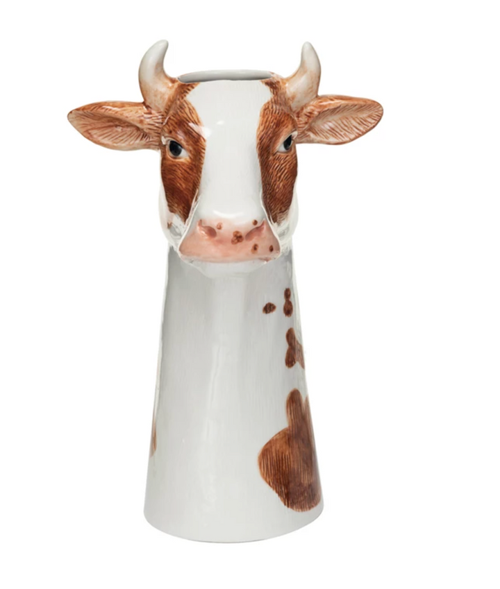 10.25" Hand-Painted Stoneware Cow Vase