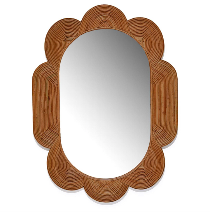 Scalloped Brown Bamboo Handwoven Oval Wall Mirror
