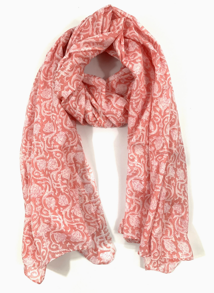 Hand Block Printed Cotton Scarf | Pink Flower