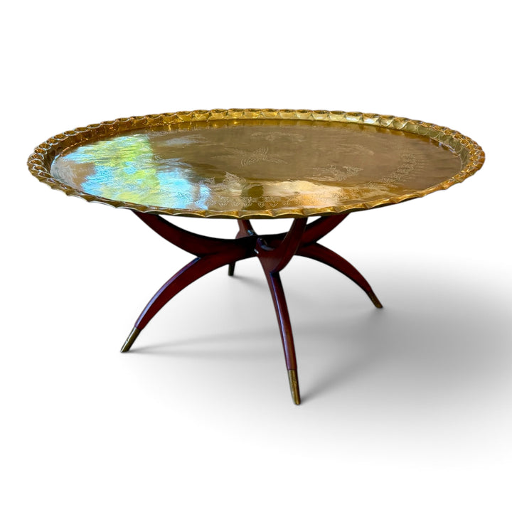 Mid-Century Round Brass Tray Table w/ Walnut Spider Folding Base