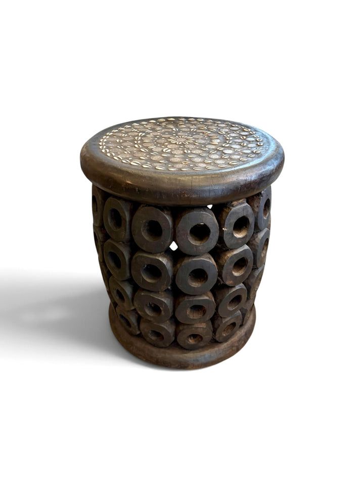 Hand-Carved  + Inlaid Wood Stool / Table,  Africa