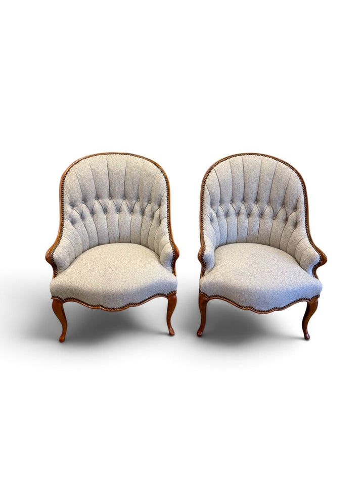 Vintage Victorian Style Spoon Back Chairs in Blue-Grey Wool | Pair