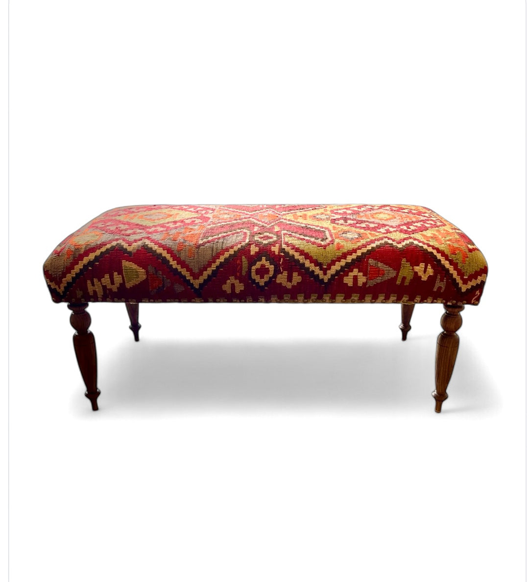 Custom Bench Upholstered in Vintage Turkish Rug with Nailhead Trim