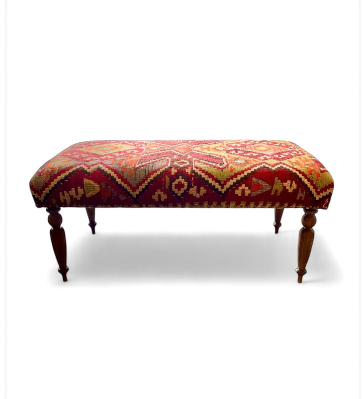 Custom Bench Upholstered in Vintage Turkish Rug with Nailhead Trim