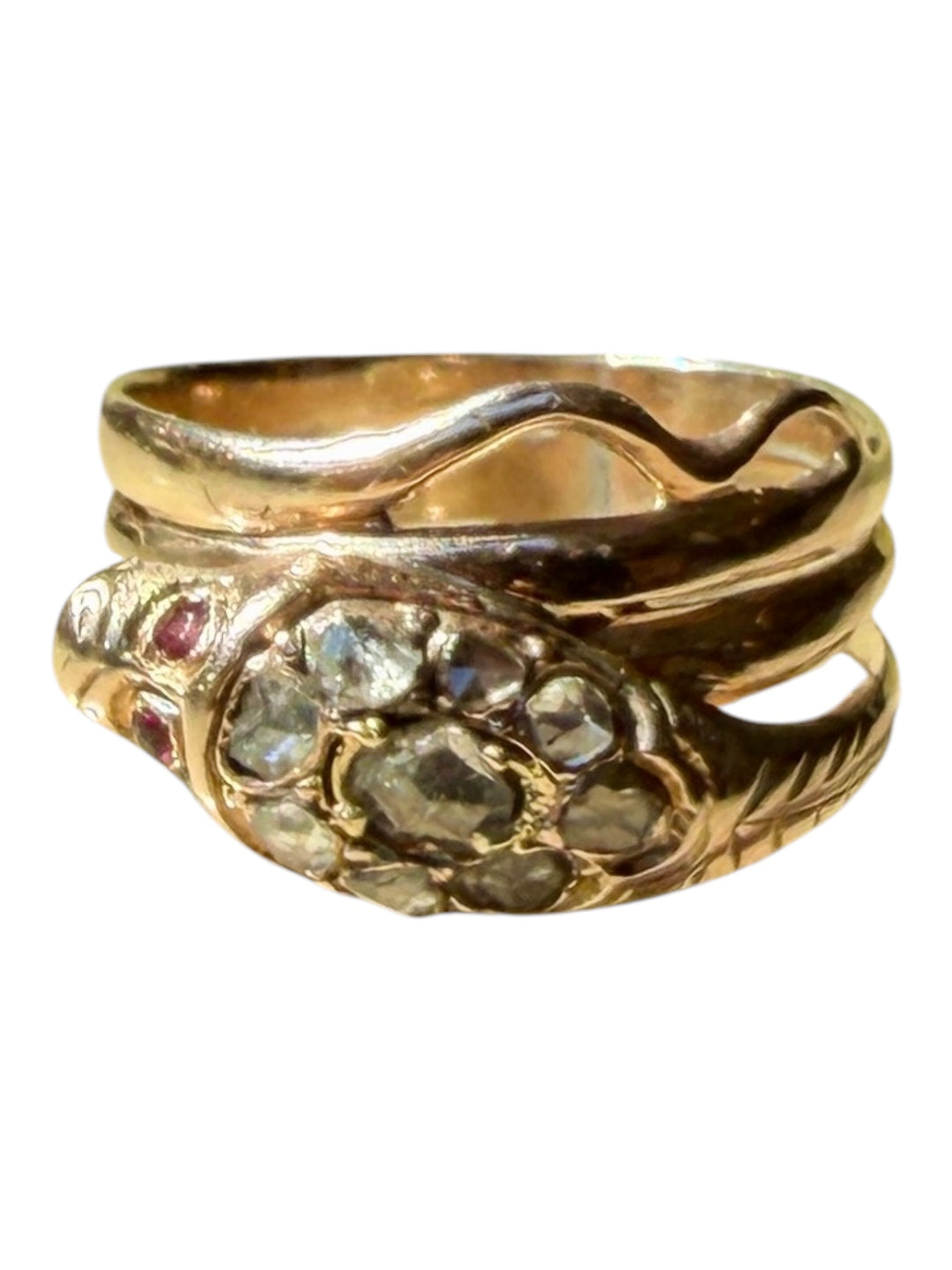 Victorian Gold Snake Engagement Ring w/Diamonds + Ruby Eyes