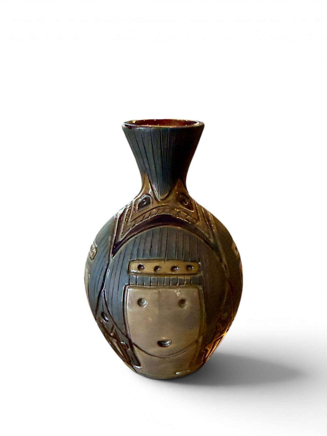 Vintage Egyptian Pottery Vase with Faces