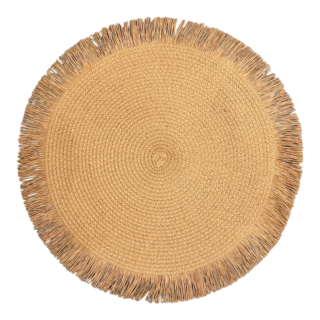 Handwoven Round Natural Straw Placemat w/ Fringe Border | 15"