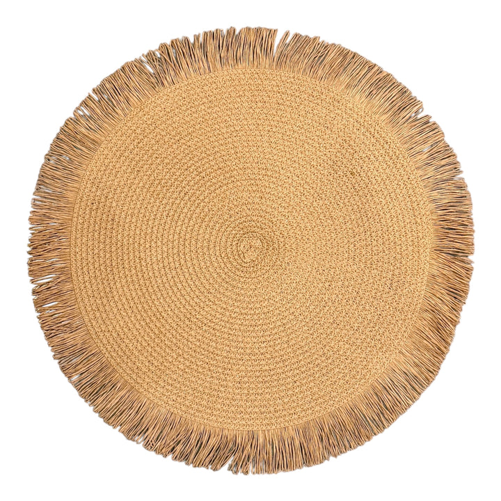 Handwoven Round Natural Straw Placemat w/ Fringe Border | 15"