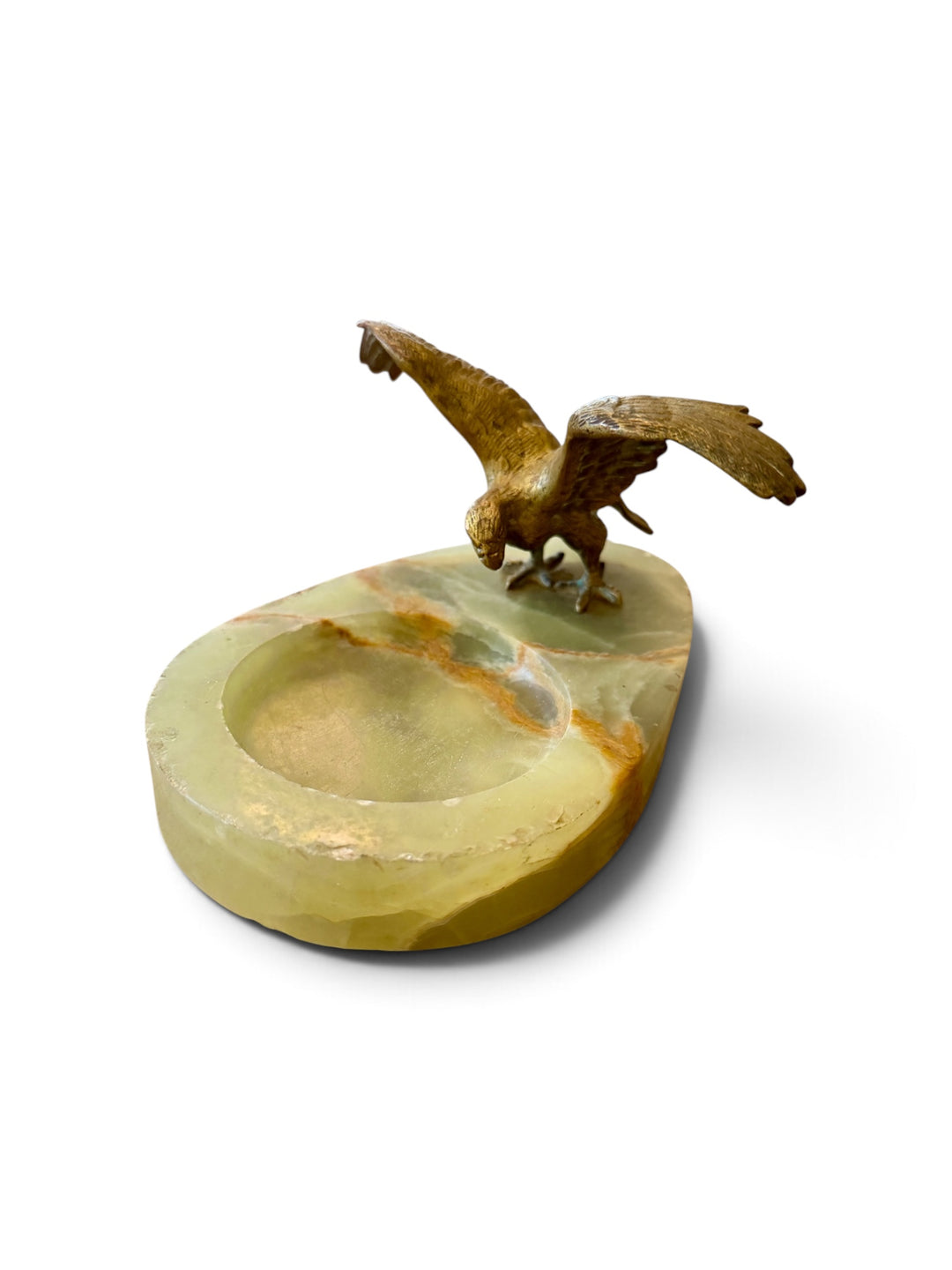 Antique Green Onyx Trinket Dish w/ Mounted Brass Eagle