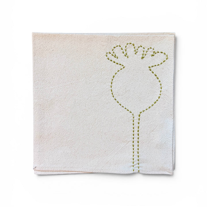 Valerie Barkowski Cotton Napkin w/ Hand-Stitched Poppy, Morocco | Wasabi