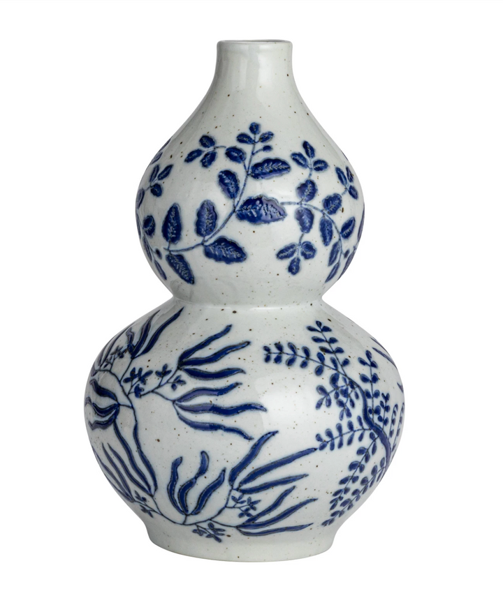 Hand-Painted Stoneware Gourd Shaped Vase w/ Blue + White Botanical Patterns
