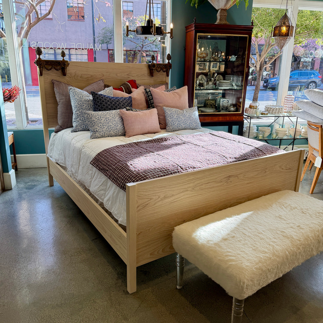 Custom White Ash Wood Bed w/ Headboard + Footboard | Queen