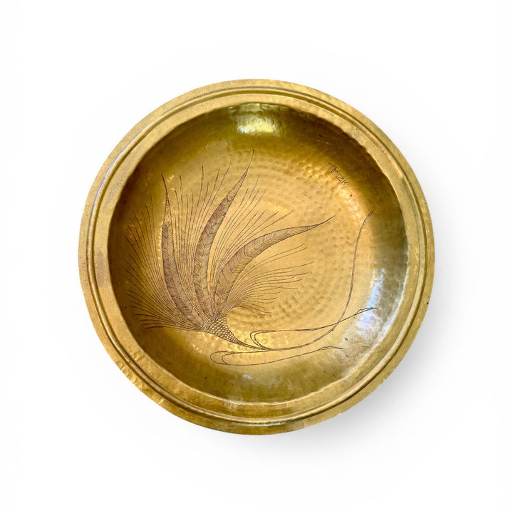 Vintage Hand Hammered + Etched Brass Dish, Signed by Artist