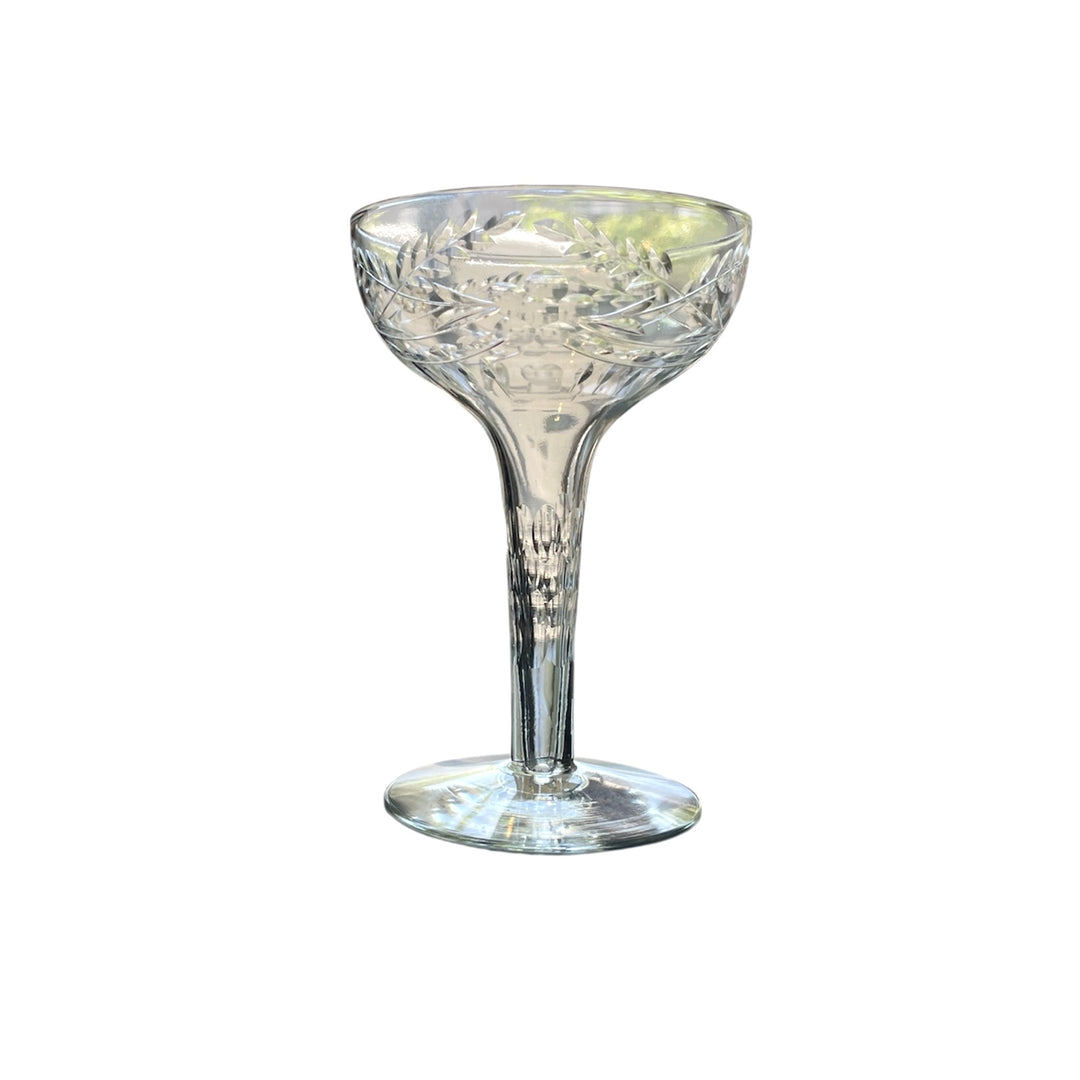 Antique Etched Crystal Champagne Coupes w/ Hollow Stems | Set of 8