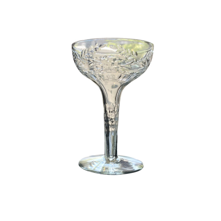 Antique Etched Crystal Champagne Coupes w/ Hollow Stems | Set of 8