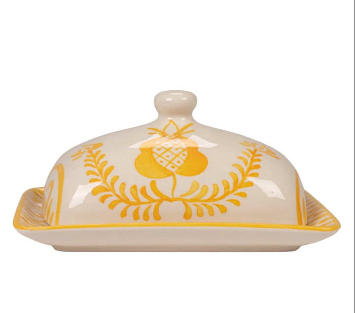 Hand-Painted Stoneware Butter Dish w/ Botanical Design