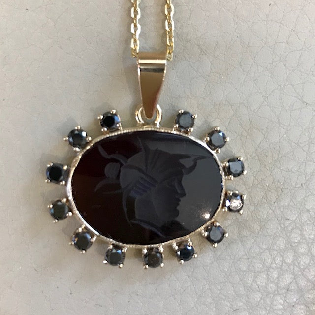 Custom Pendant  made from a Vintage Agate Intaglio Cuff Link, Set in 14KT Gold with a 1.28 CT Black Diamond Surround with New 14KT Chain
