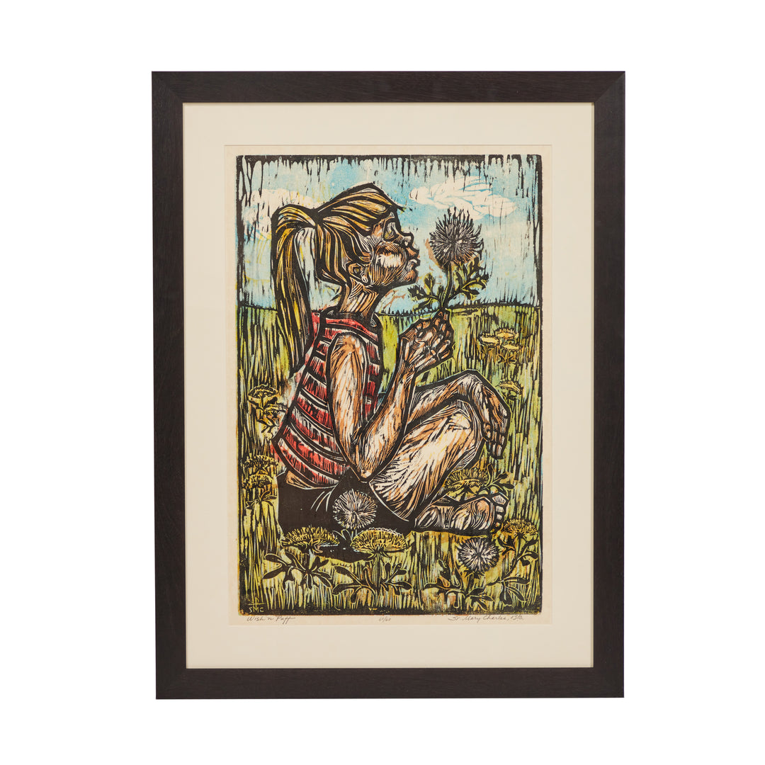 Vintage Hand-Colored Woodcut  "Wish'n Puff",  Signed by Artist