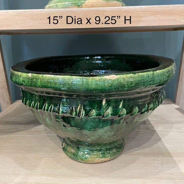 Hand Thrown Rustic Pottery Planter with Green Glaze, Morocco | G4