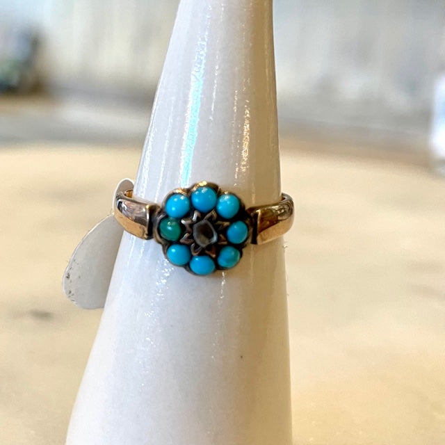 Antique 10K Gold Persian Turquoise Ring w/ Small Diamond Center | Sz 6