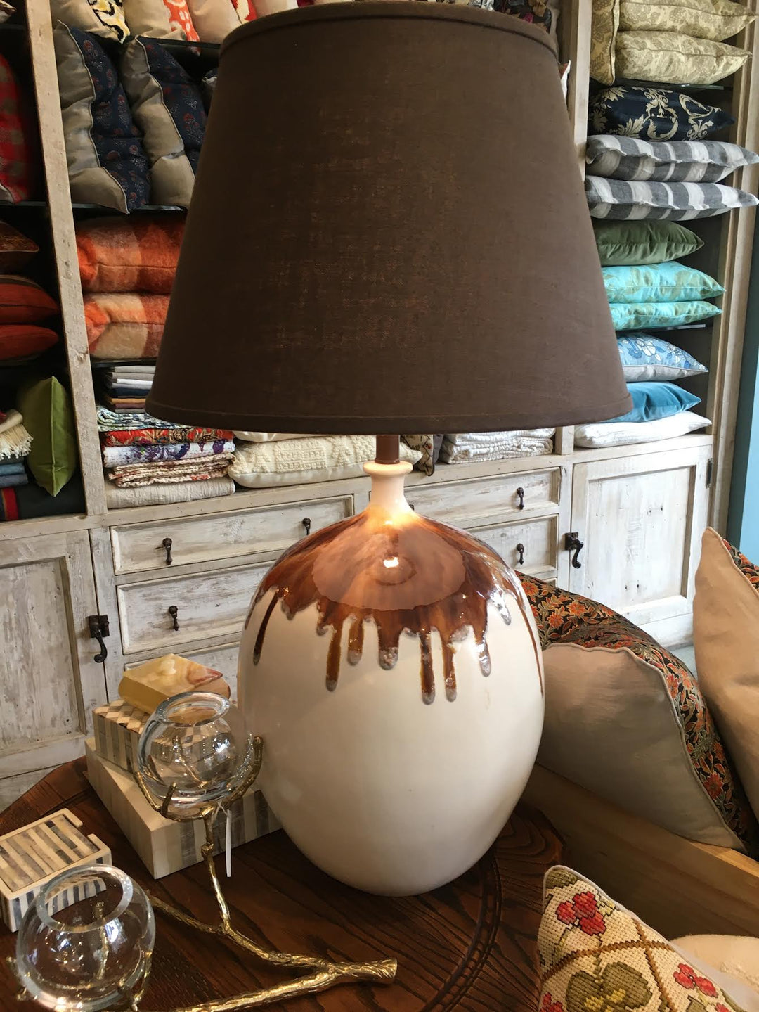 Vintage Large Ceramic Lamp w/ Drip Glaze and Custom Linen Shade, Newly Rewired