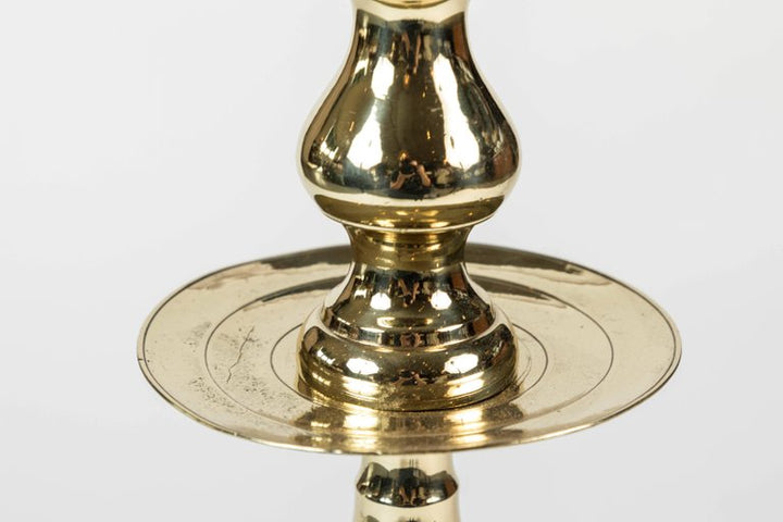 Antique large brass candleholder with beehive pattern stem and base, and simple wax catcher detail, c. 1850-1900
