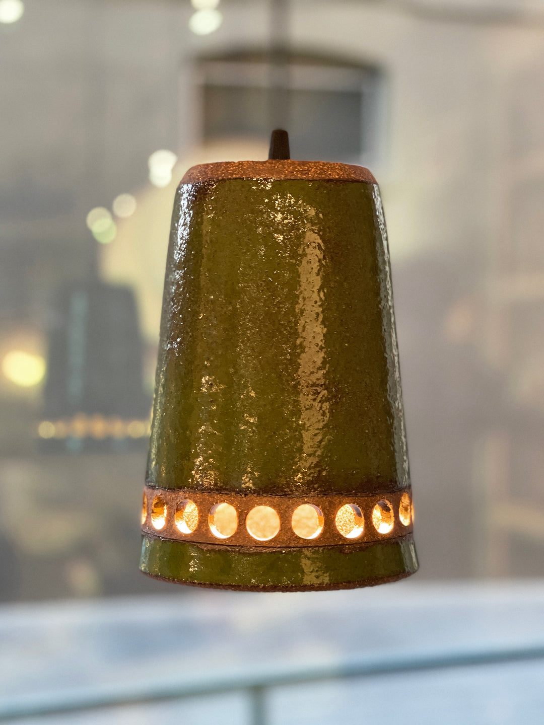 Hand Thrown Hanging Pottery Pendant Lamp with Cut Out Detailing