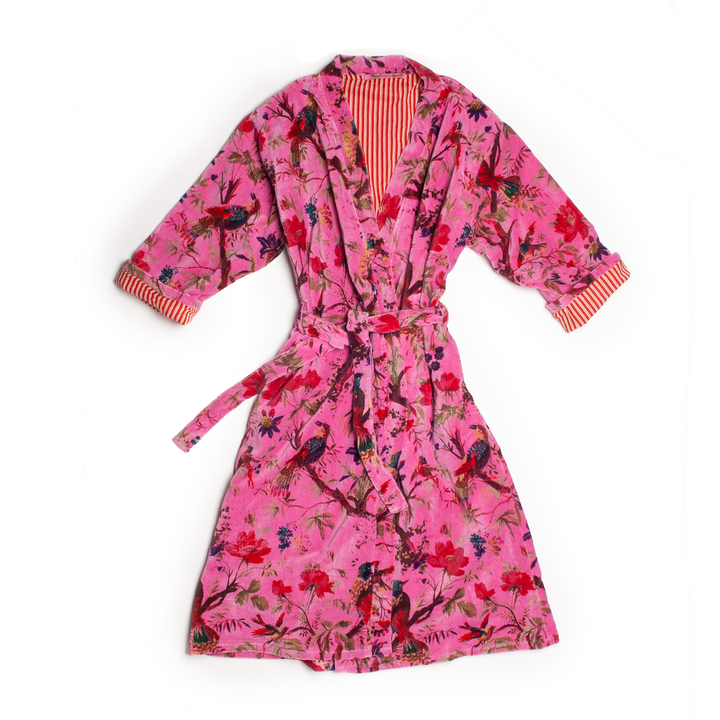 Custom Hand Printed Cotton Velvet Robe in Pink Bird