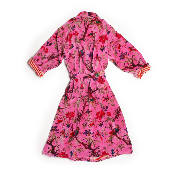 Custom Hand Printed Cotton Velvet Robe in Pink Bird